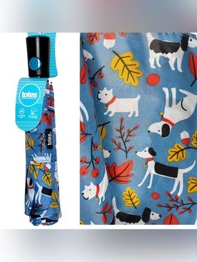 NWT Totes Automatic Compact Umbrella Dog Autumn Leaves Print Travel 42”